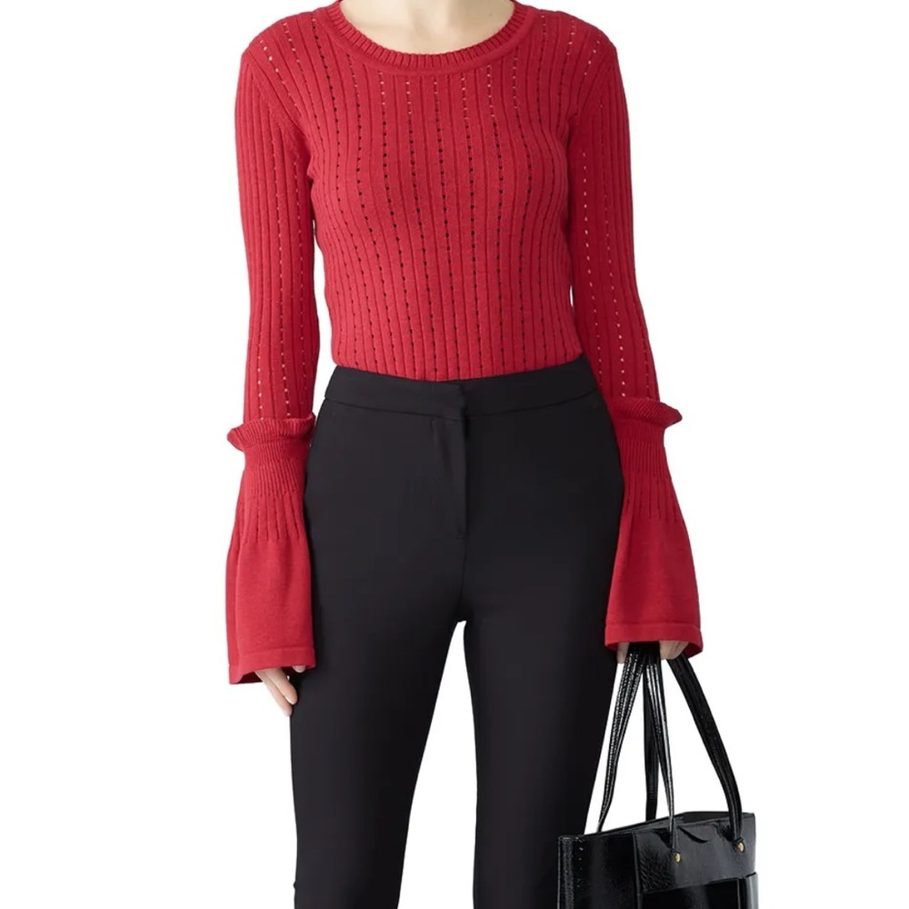 Slate & Willow red bell sleeve Vertical Cut Out lightweight knit Sweater Sz XS